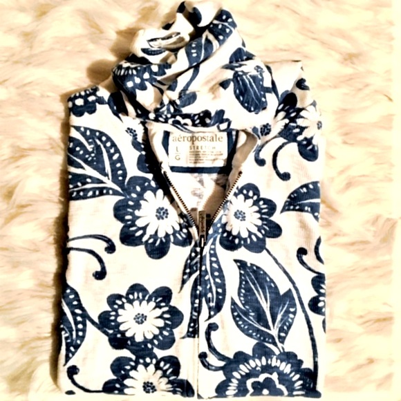 Aeropostale Blue White Delft Delftware Style 100% Cotton Print Hoodie Jacket - Picture 4 of 8